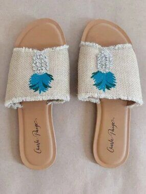 Charlie Paige Pineapple Embroidered Jute Slide Sandals Women Size 7